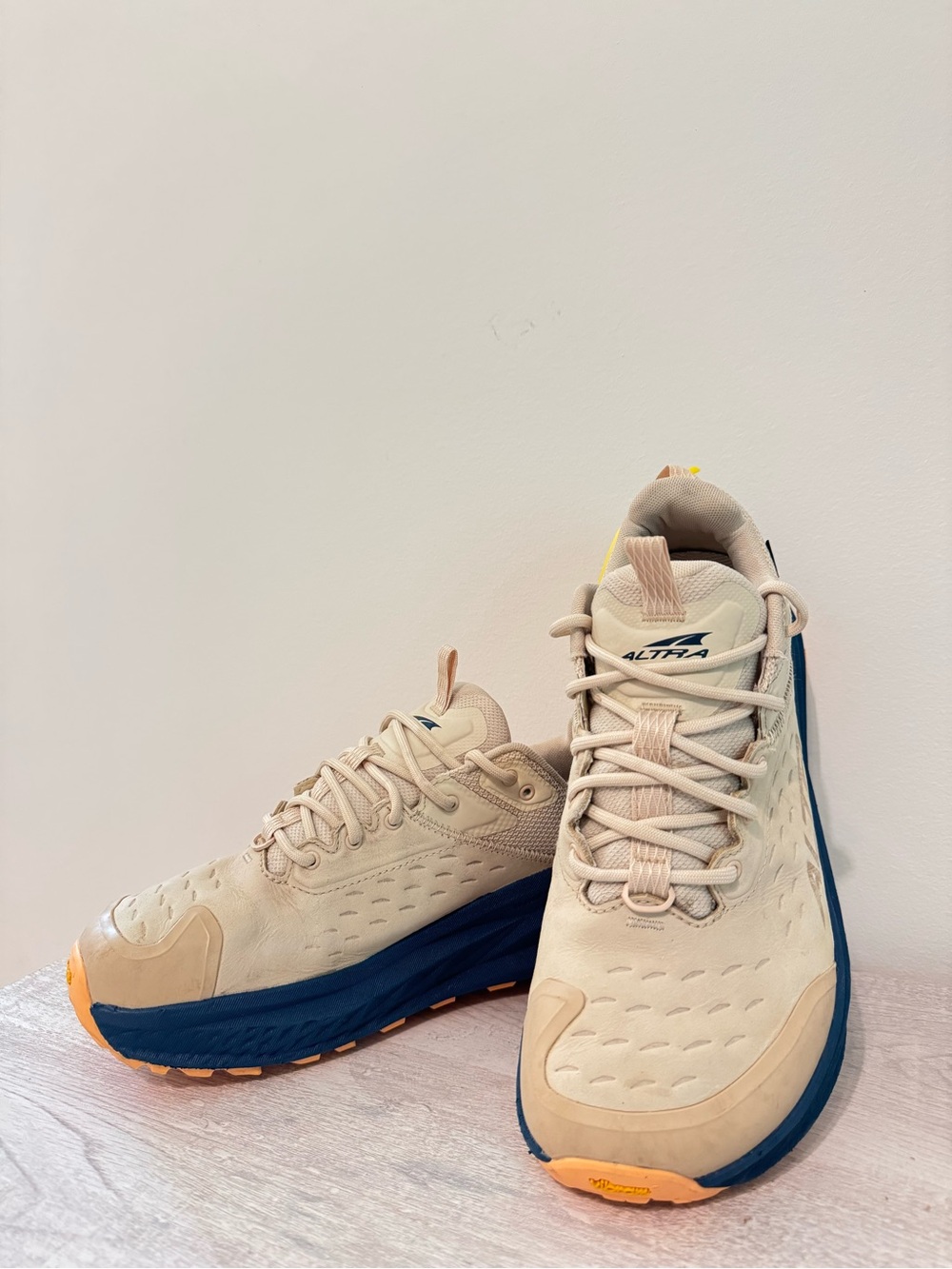 Altra Men's Beige Trail Runners with Blue Midsole and Orange Accents